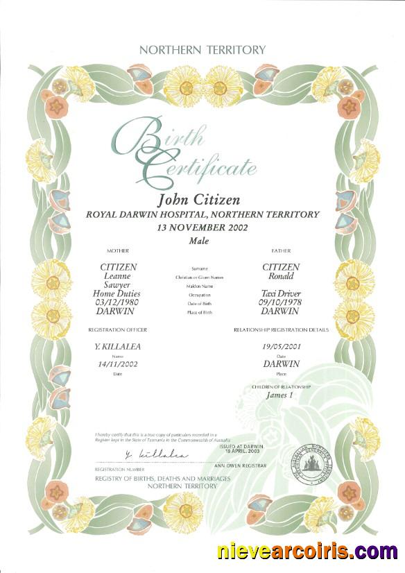 Australia Northern Territory decorative (commemorative) birth certificate